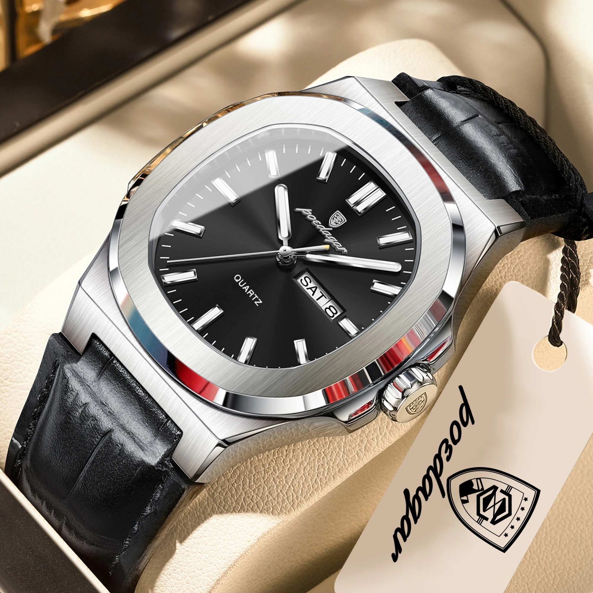 POEDAGAR Modische Armbanduhr für den Freund, leuchtend, wasserdicht, Wochenkalender, Business-Paaruhren, Leder, luxuriöse Herrenuhren Image