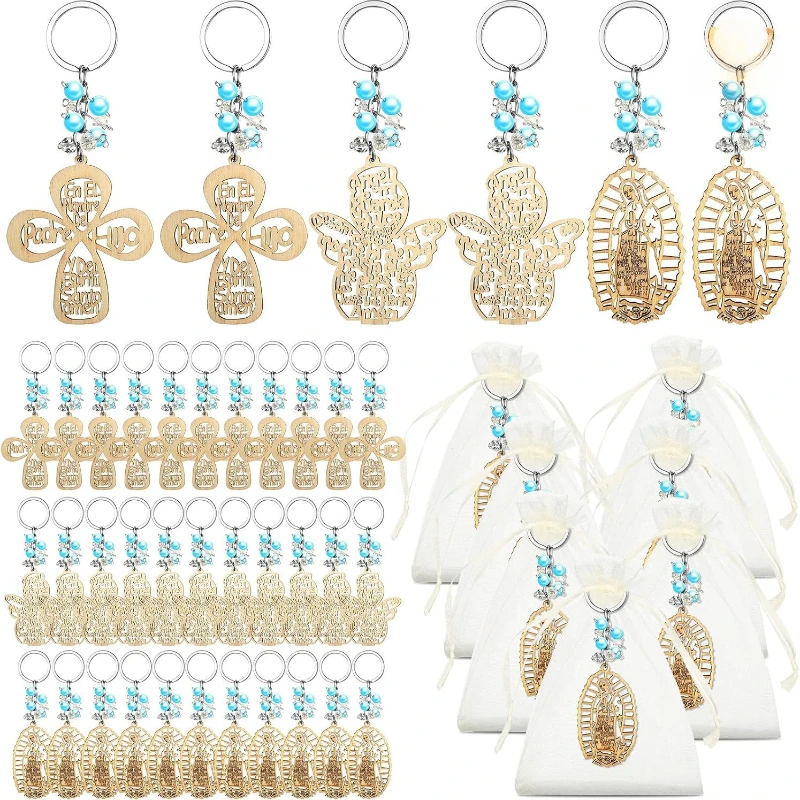 18 Stück/9 Sets Engelsflügel Kreuz Holz-Taufanhänger Set Blau/Rosa Perle Kommunion Taufe Baby Willkommensfeier Gebet Image