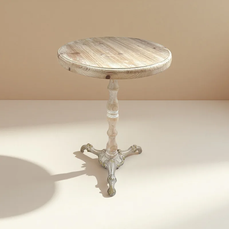 Ländlicher runder Couchtisch für Zuhause, Wohnzimmer, Massivholz, kleiner runder Tisch, Retro-Metallsockel, Holz, lässig, klein