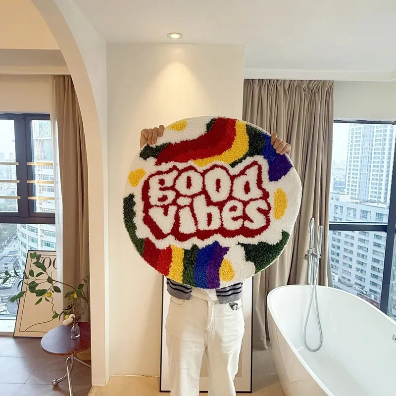 VIKAMA Regenbogen-Rundteppich, Plüschweiche, rutschfeste Bodenmatte, geeignet für Schlafzimmer und Wohnzimmer, maschinenwaschbare Heimdekoration Image