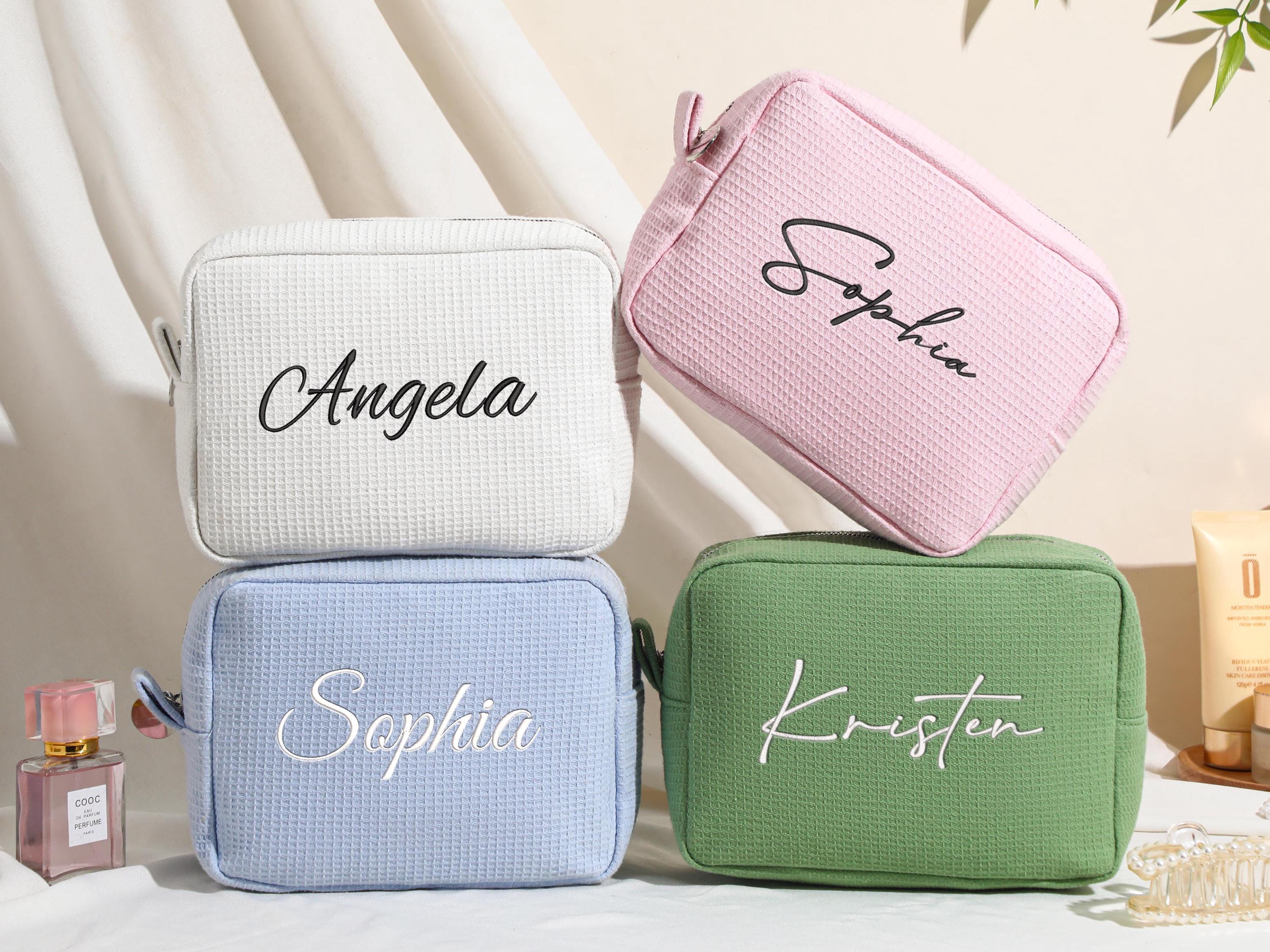 Borsa per il trucco personalizzata a nido d'ape, borsa per cosmetici ricamata, pochette per il trucco personalizzata, borsa da viaggio con nome, borsa