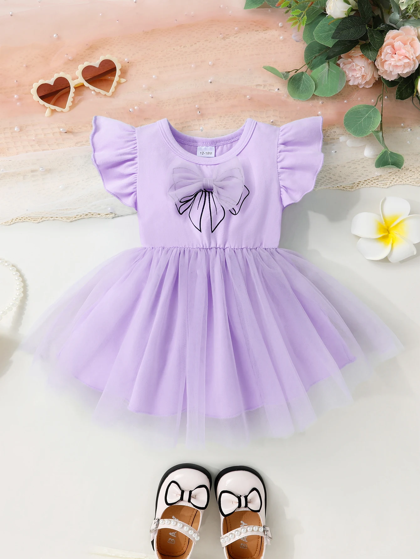 Lila Tüllkleid für Babymädchen mit Schleife und Rüschenärmeln, Prinzessinnenkleid für Kinder, Party, Geburtstag, Hochzeit Image