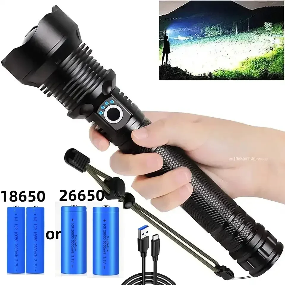 Superhelle wiederaufladbare Zoom-LED-Taktische Taschenlampe USB Leistungsstarke XHP70.2 Taschenlampe XHP70 18650 oder 26650 Batterie Campinglampe