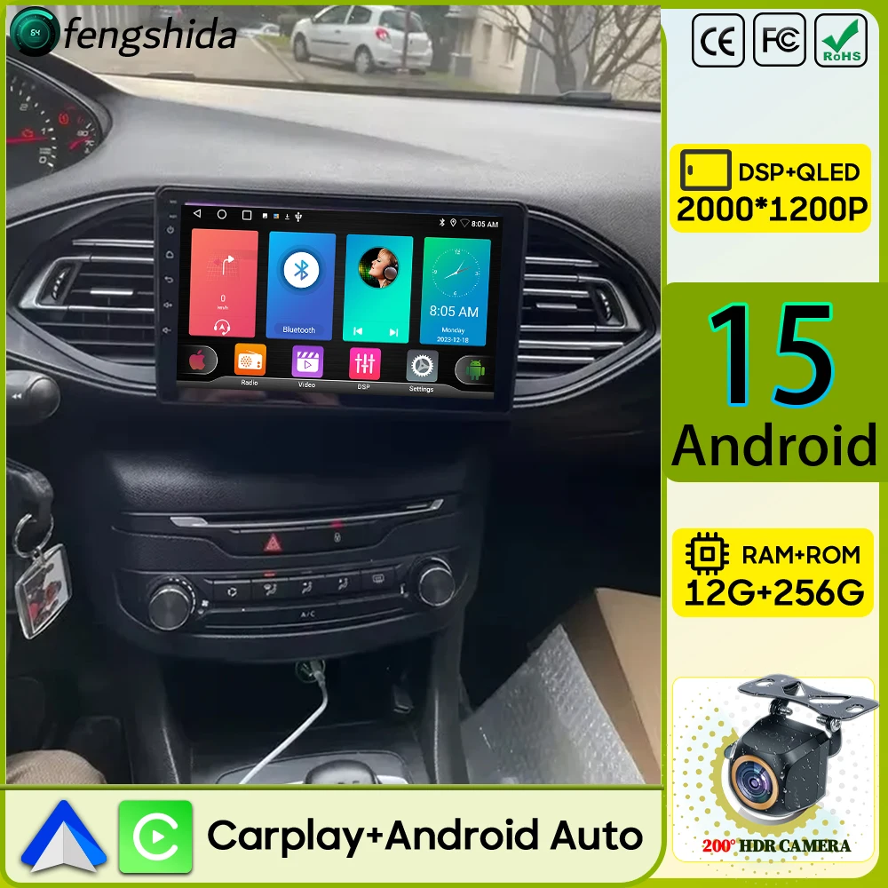 Auto Radio Carplay Für Peugeot 308 T9 308S 2013-2017 Navigation GPS Android Auto Android 15 Stereo 5G Autoradio Video 4G Keine 2din Image