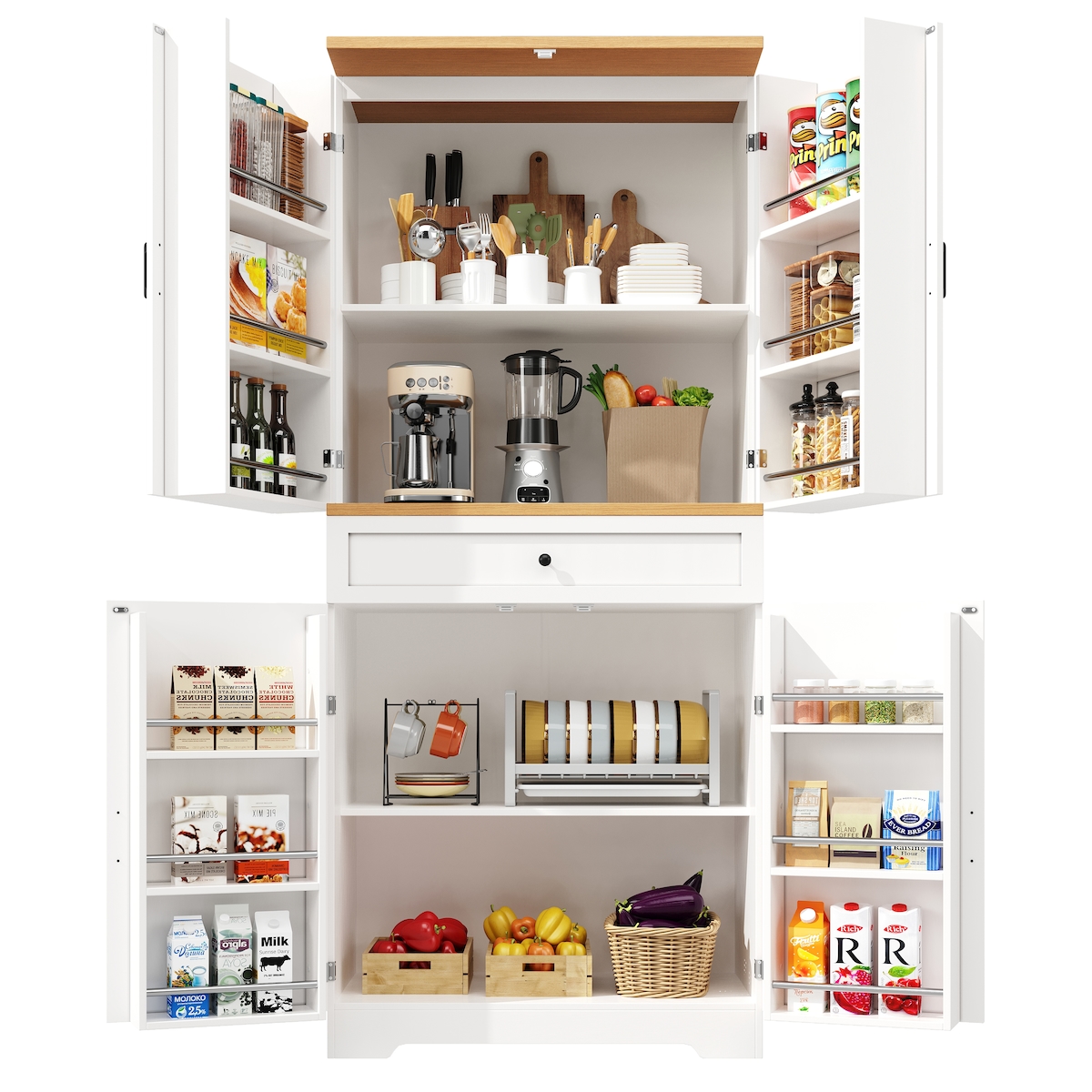 OKWISH Hochschrank Küchenschrank 80x40x180 cm mit offenen Regalen und großen Schubladen Weiß, MDF Korpus, Metallgriffe, Anti Kipp Vorrichtung Image