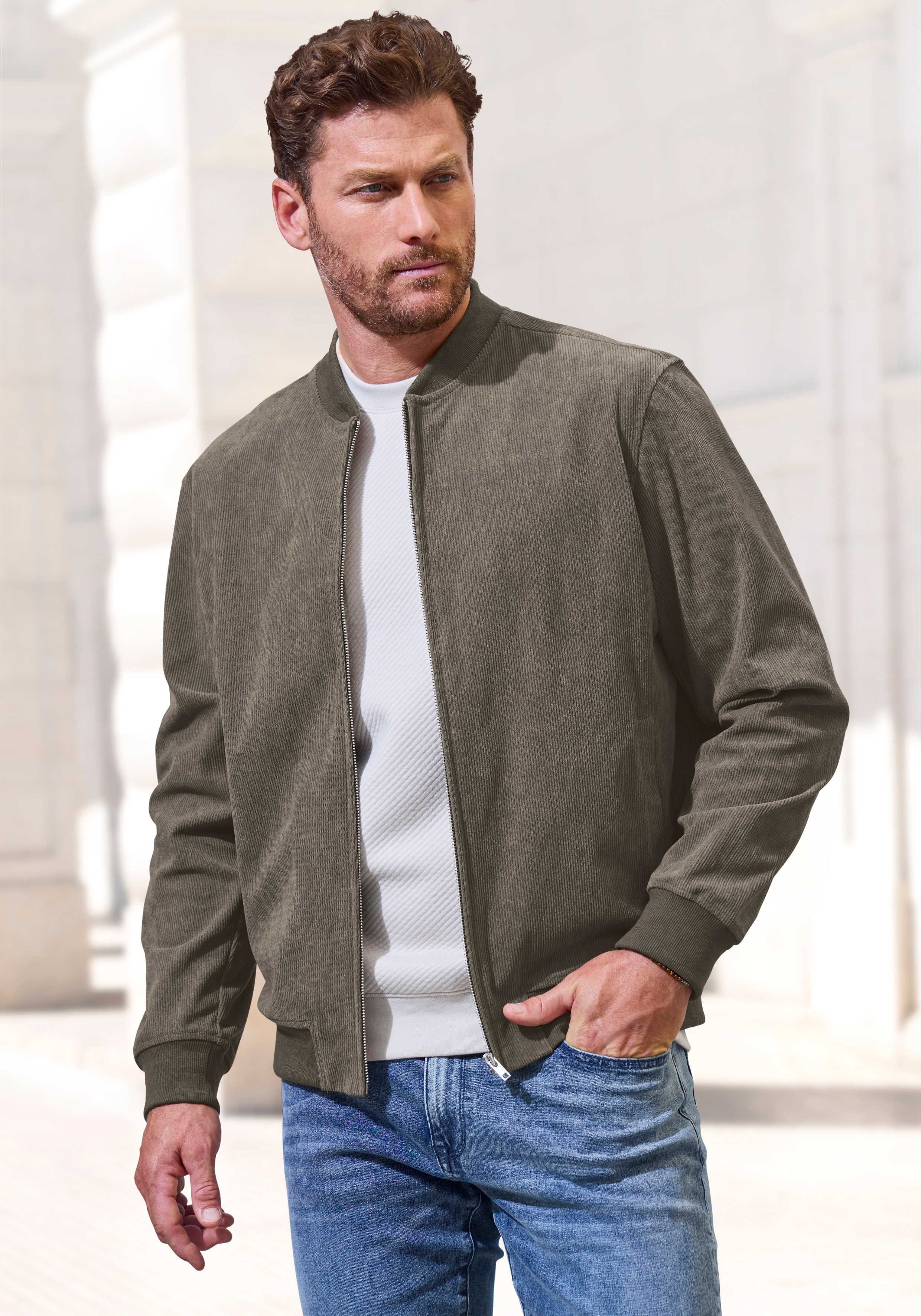 Cordjacke H.I.S "- Blouson mit Reißverschluss", Herren, Gr. 3XL (64/66), khaki, Cord, Obermaterial: 100% Polyester, unifarben, regular fit normal, Rundhals, Rippbündchen, Jacken, Pilotenjacke / Übergangsjacke aus Cord, regular fit
