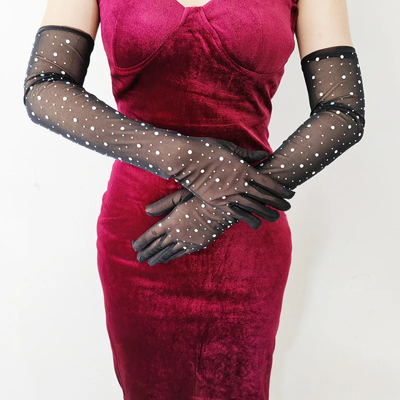 Sexy Glänzende Flash Bohren Dünne Elastizität Spitze Mode Persönlichkeit Dance Bühne Leistung Cosplay Frauen Mesh Lange Handschuhe Image