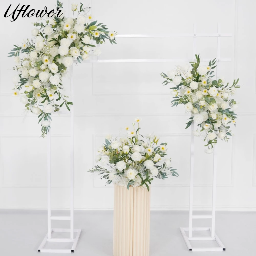 Uflower Weiße Rose Grün Künstliche Blume Reihe Hochzeit Hintergrund Bogen Dekor Hängen Floral Straße Blei Blumen Ball Party Requisiten