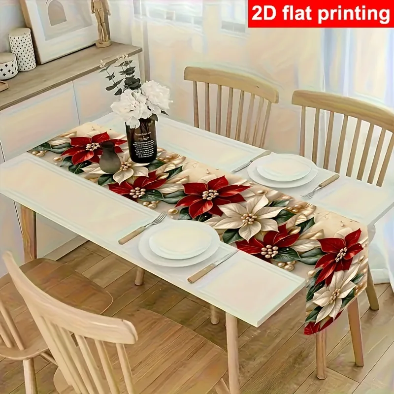1-teiliger festlicher Tischläufer mit Weihnachtsmotiv, flacher roter Weihnachts-Tischläufer mit Blumenperlen, geeignet für festliche Tischdekoration Image