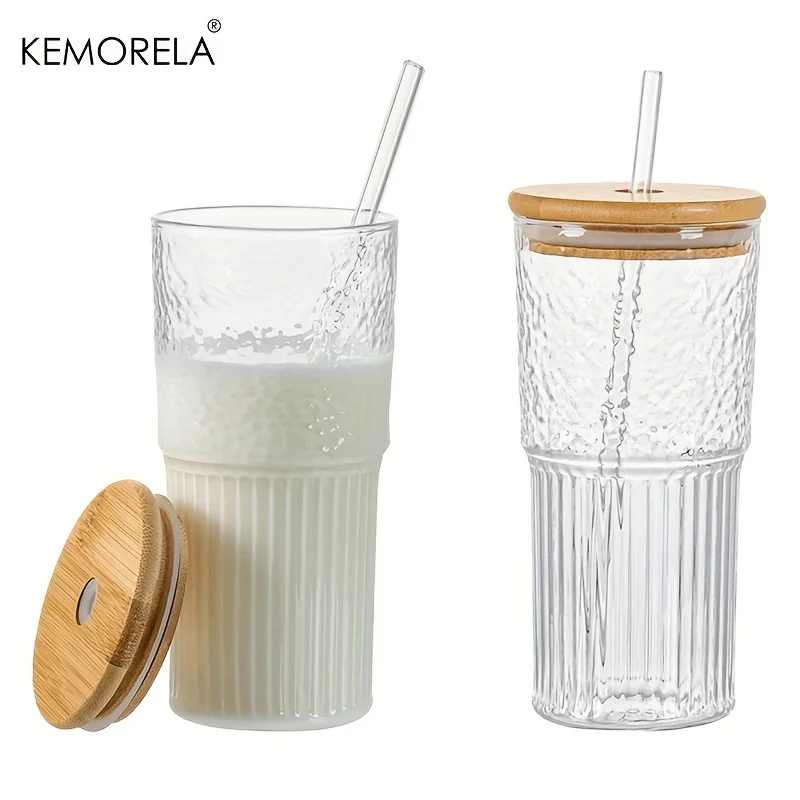 500ml gerippte Glaswaren Glass chale mit Deckel und Stroh Trinkgläser Cocktail Bier Eis kaffeetasse Saft Tee tasse Wasser becher Image