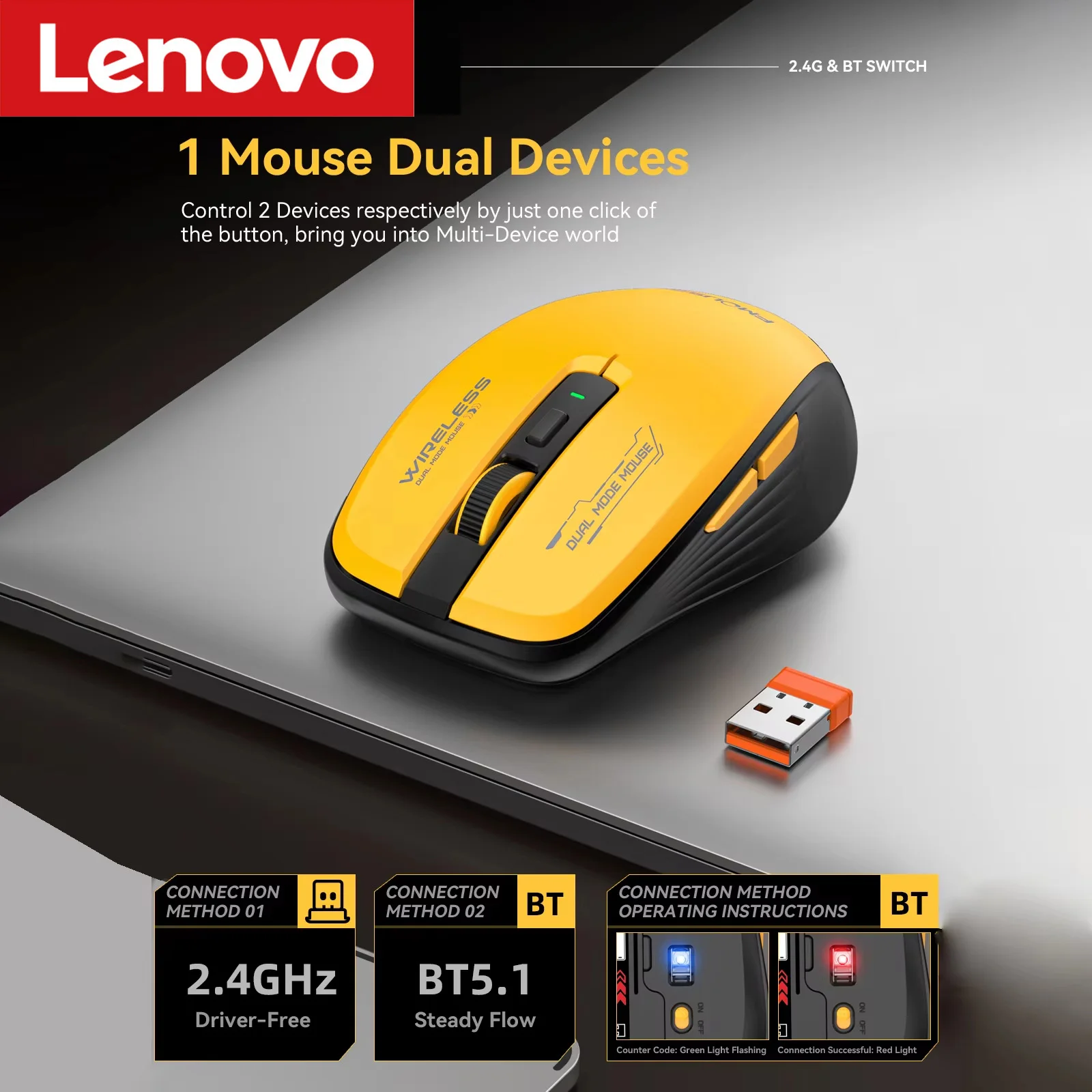 Lenovo M303L Kabellose Maus, 2,4 G, Bluetooth, Dual-Modus, 1600 DPI, geräuschlos, für Tablet, Notebook, PC, Büro, tragbare Maus für Android iOS Image