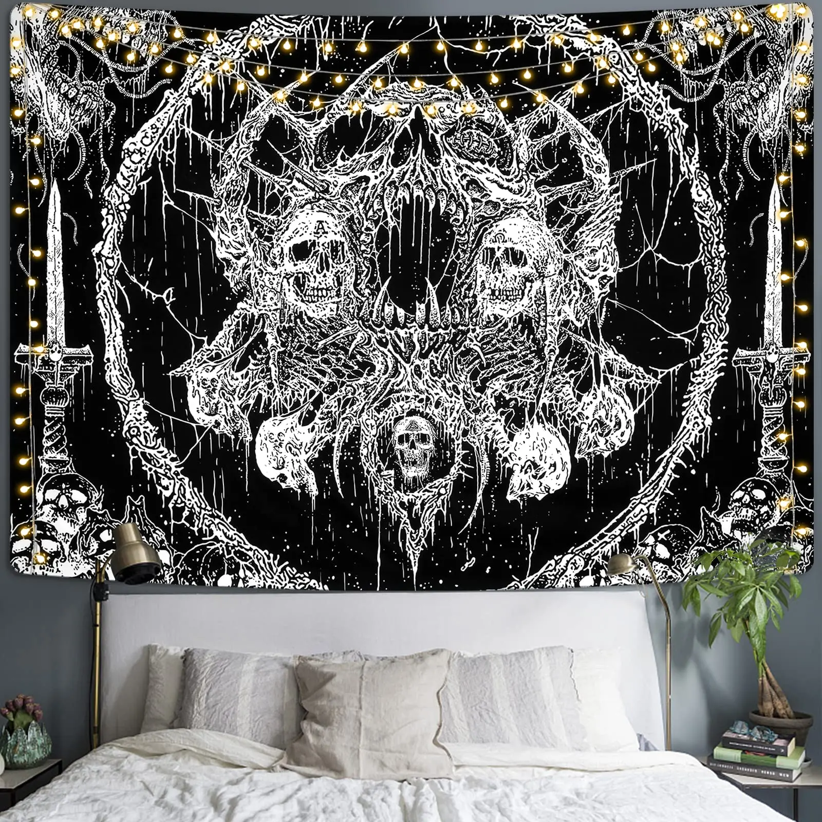 VIKAMA Halloween Wandteppich mit dunklem Thema, schwarz-weißer Totenkopf, Festival-Party-Dekoration, Wandbehang, Wohnzimmer, Schlafzimmer, Dekor, Wandteppich Image