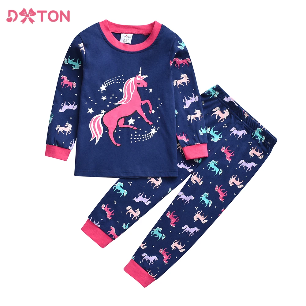 DXTON Kinder-Cartoon-Kleidungssets, Nachthemd, Pyjamas für Herbst, Frühling, Einhorn-Druck, T-Shirts und Hosen, Anzüge, Pyjamas, Kinder-Pyjamas, 2-teilig Image
