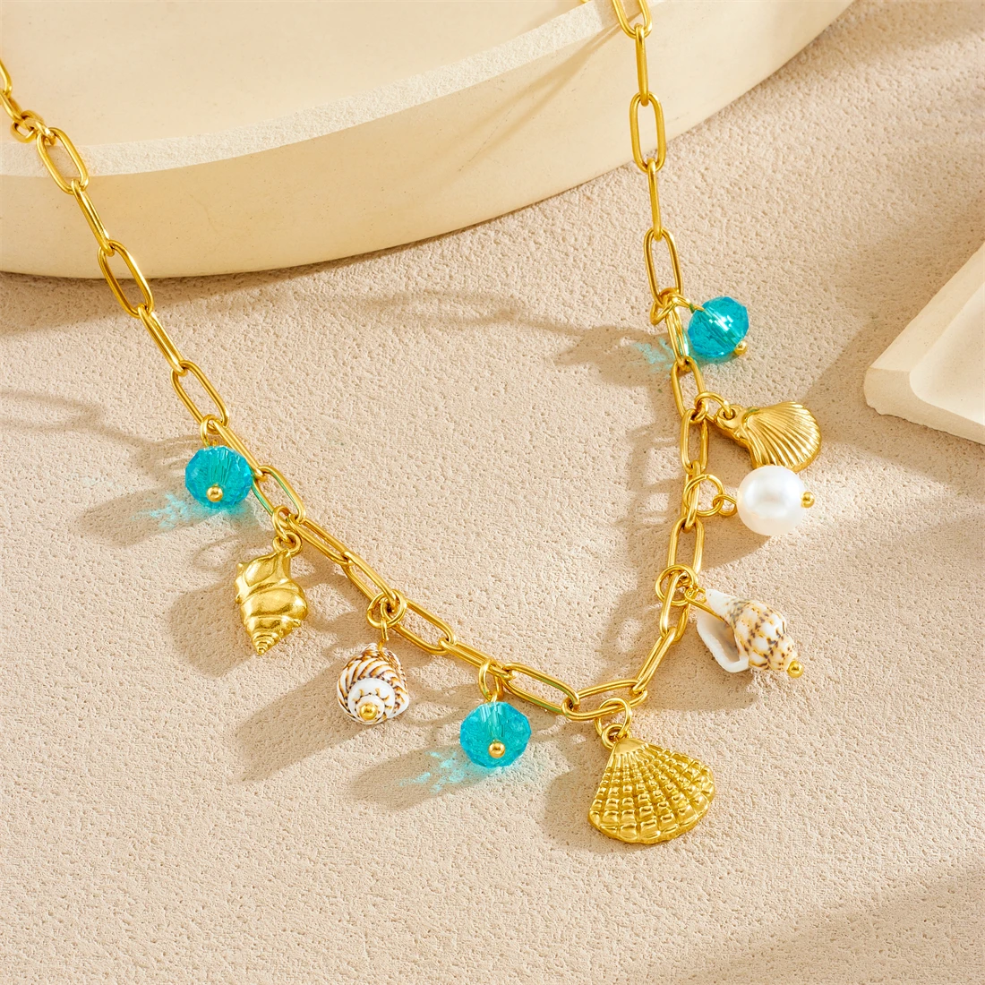 Edelstahl Blau Kristall Shell Conch Perle Anhänger Halskette Frauen Mode Neue Ozean Stil Hals Kette Schmuck Image