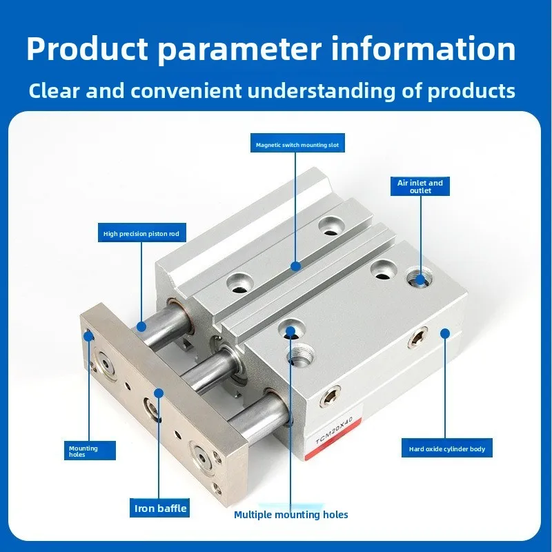 Geführter Zylinder der TCM-Serie, 12/16/20/25/32/40/50/63 mm Bohrung, drei Achsen, drei Stangen, 5–400 mm Hub mit Magnet-Pneumatikzylinder Image