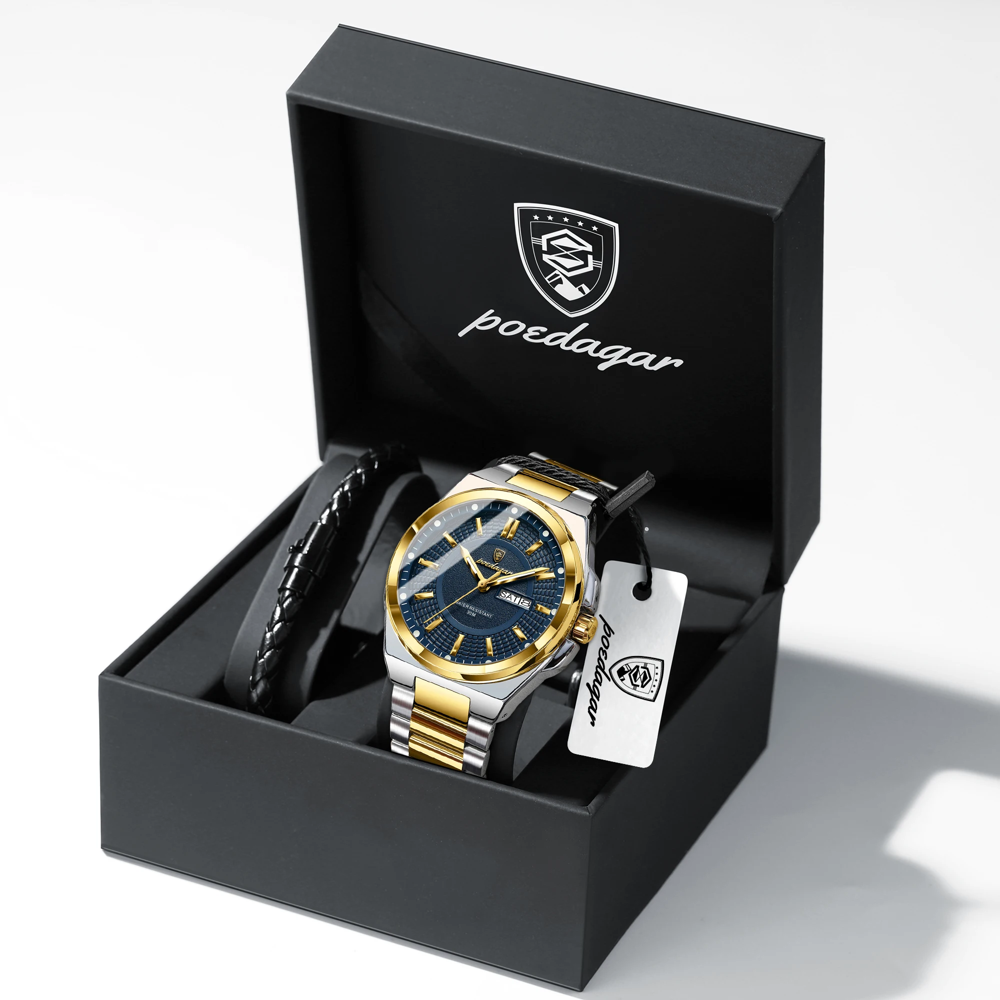 POEDAGAR Exquisite Paar-Armbanduhr Edelstahl Wasserdicht Leuchtend Herrenuhr mit Datum und Wochentag Quarz-Uhren Geschenk für den Freund Image