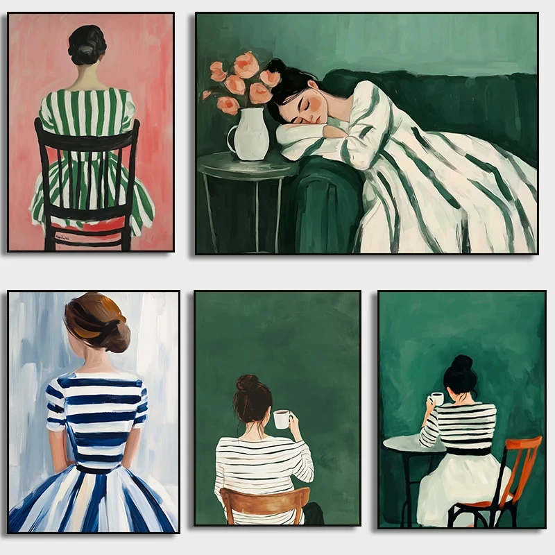 Grüne Streifen Frau schlafen Getränk Kaffee Poster Druck Wandkunst, abstrakte Leinwand Malerei für Wohnzimmer Dekoration ästhetisch Image