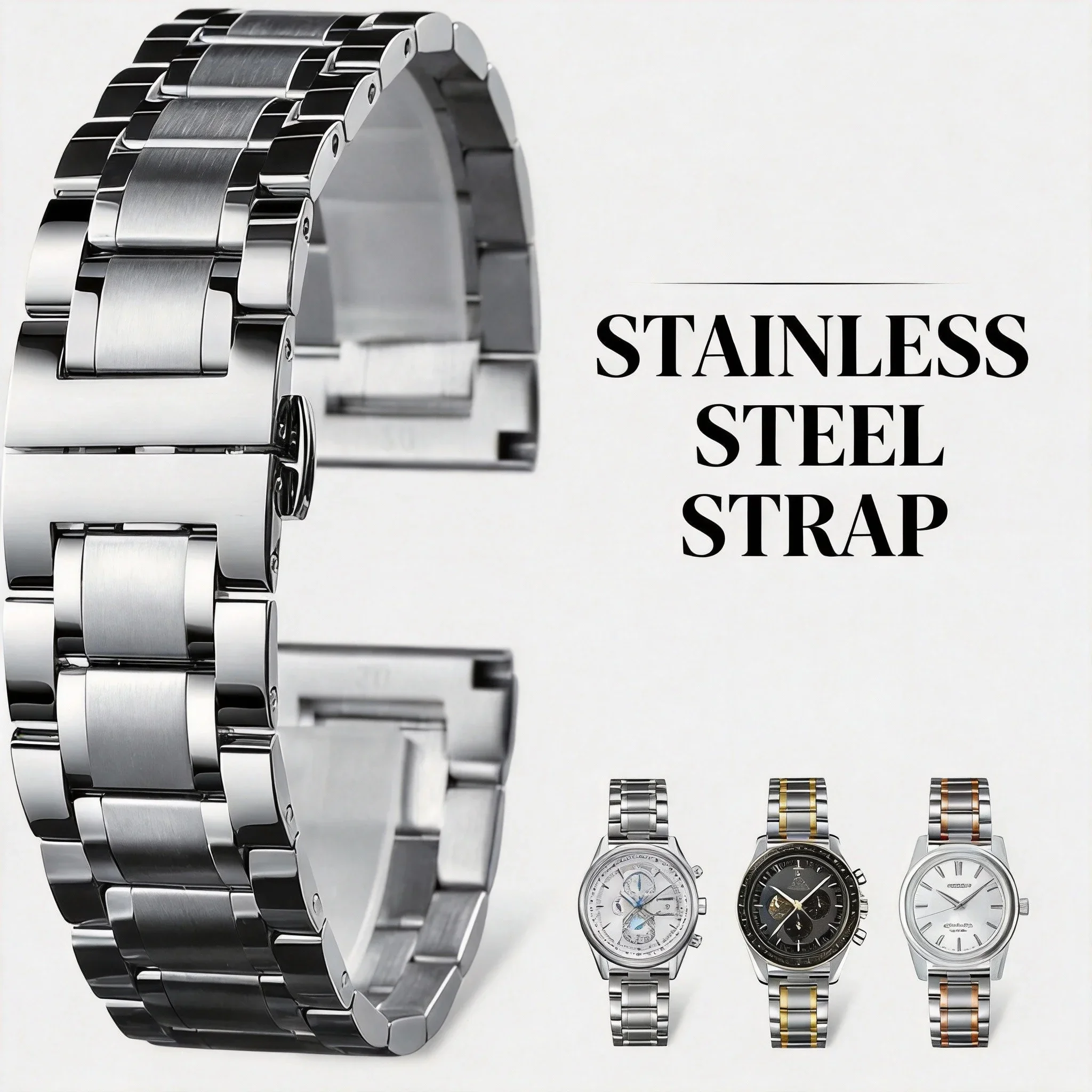 Universell passendes Edelstahl-Uhrenarmband, mehrmarkenkompatibles Metallarmband für Herren, 18 mm, 20 mm, 22 mm, 21 mm, Silber, Schwarz, Repl Image