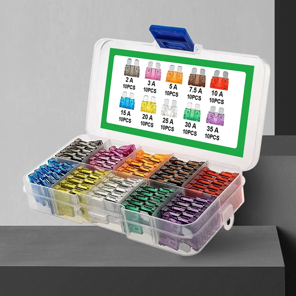 100-teiliges Auto-Sicherungskit 15A 20A 25A 30A 35A 10 Arten Auto-Sicherungen Sortiment mit Box Flachsicherungen Sortiertes Kit Image