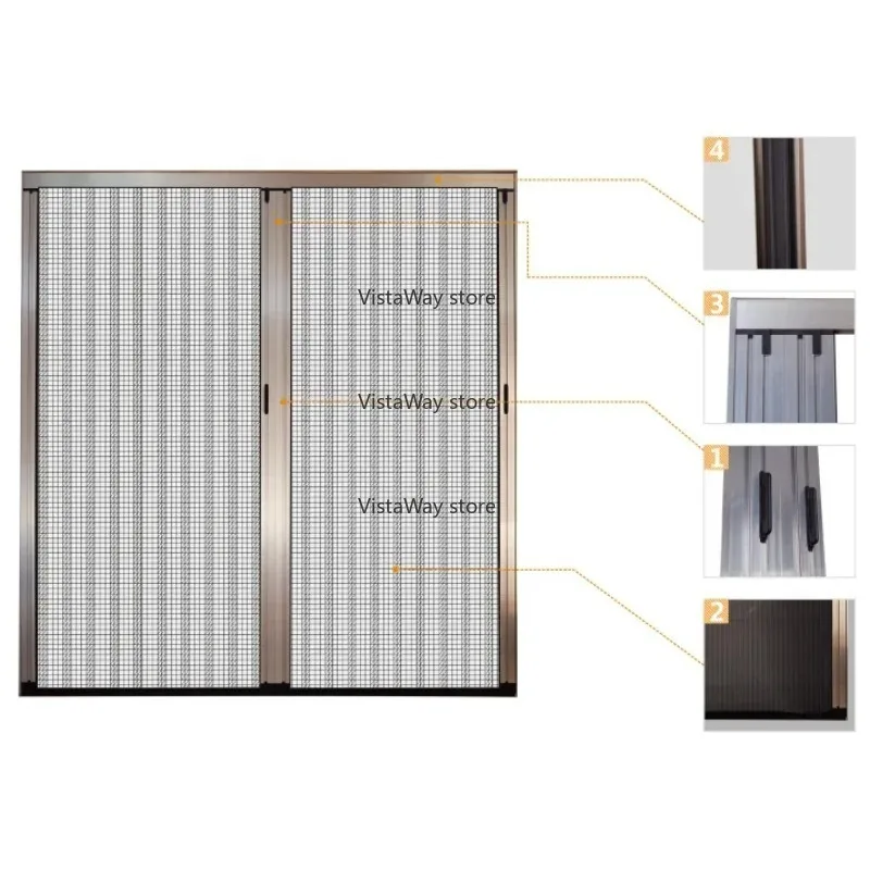 Moskitonetz mit Rahmen aus Aluminiumlegierung. Doppelt klappbare, einziehbare Sichtschutztür mit Fliegengittern Image