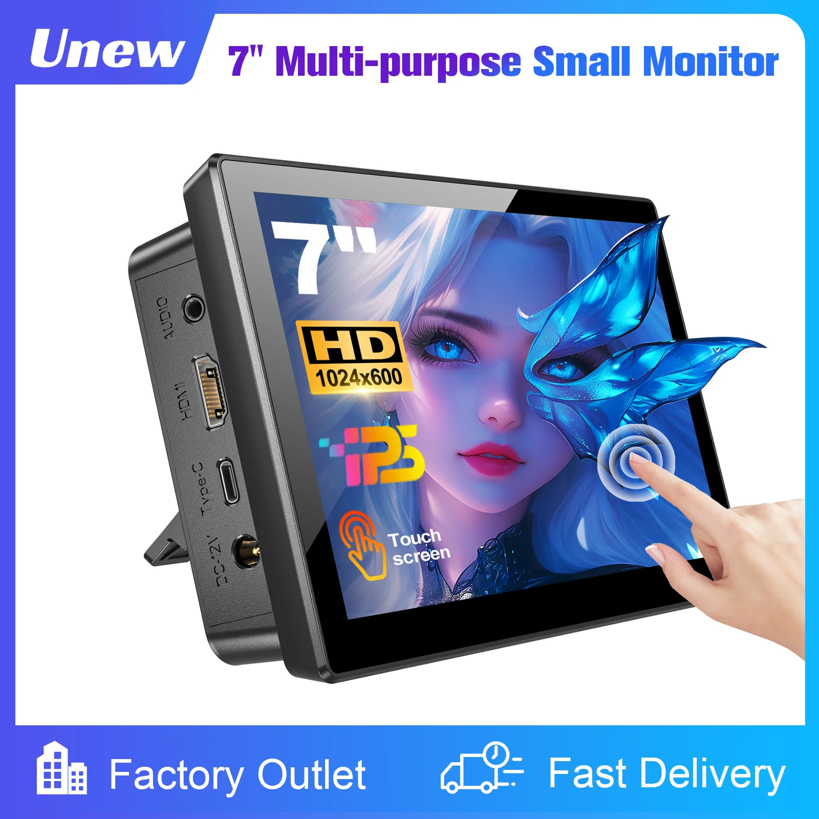 Tragbarer 7-Zoll-Touch-Monitor 1024 x 600, Dual-Lautsprecher | Typ-C HDMI USB-C | VESA-Halterung für Laptop, Auto, PC, Spielekonsole Image