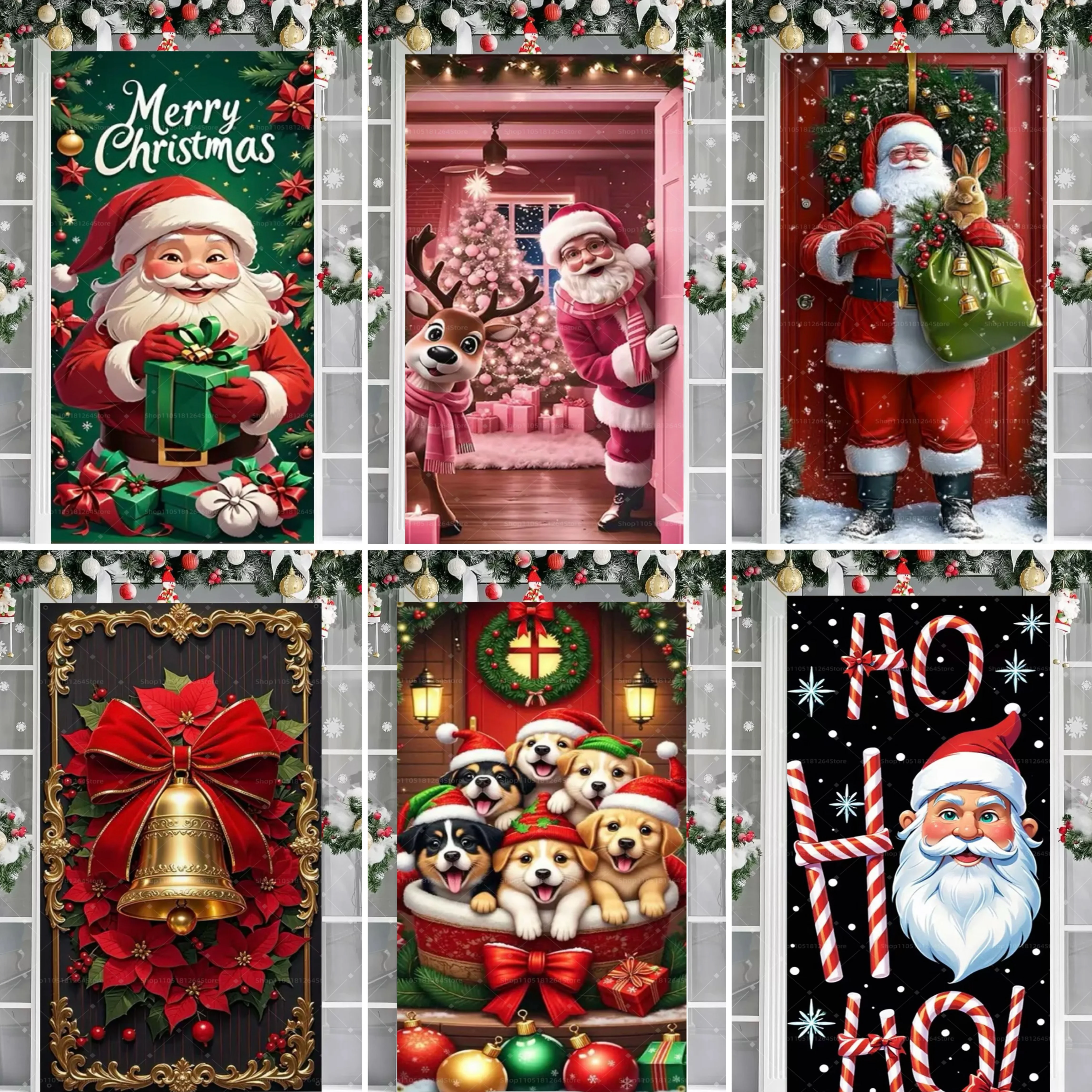 Weihnachten Willkommen Tür Dekoration Banner Nette Santa Claus und Hund Party Tür Vorhang Raum Dekoration Hintergrund Party Liefert Image