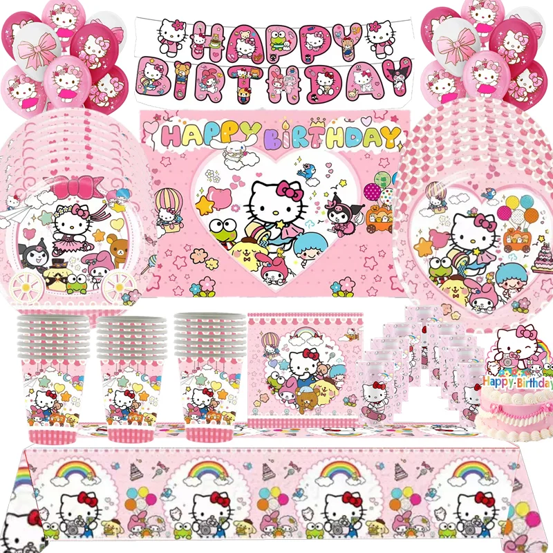 Hello Kitty Geburtstagsdeko Hello Kitty Katze Einweg-Partyteller Tischdecke Papiertücher Luftballons Mädchen Babyparty-Zubehör