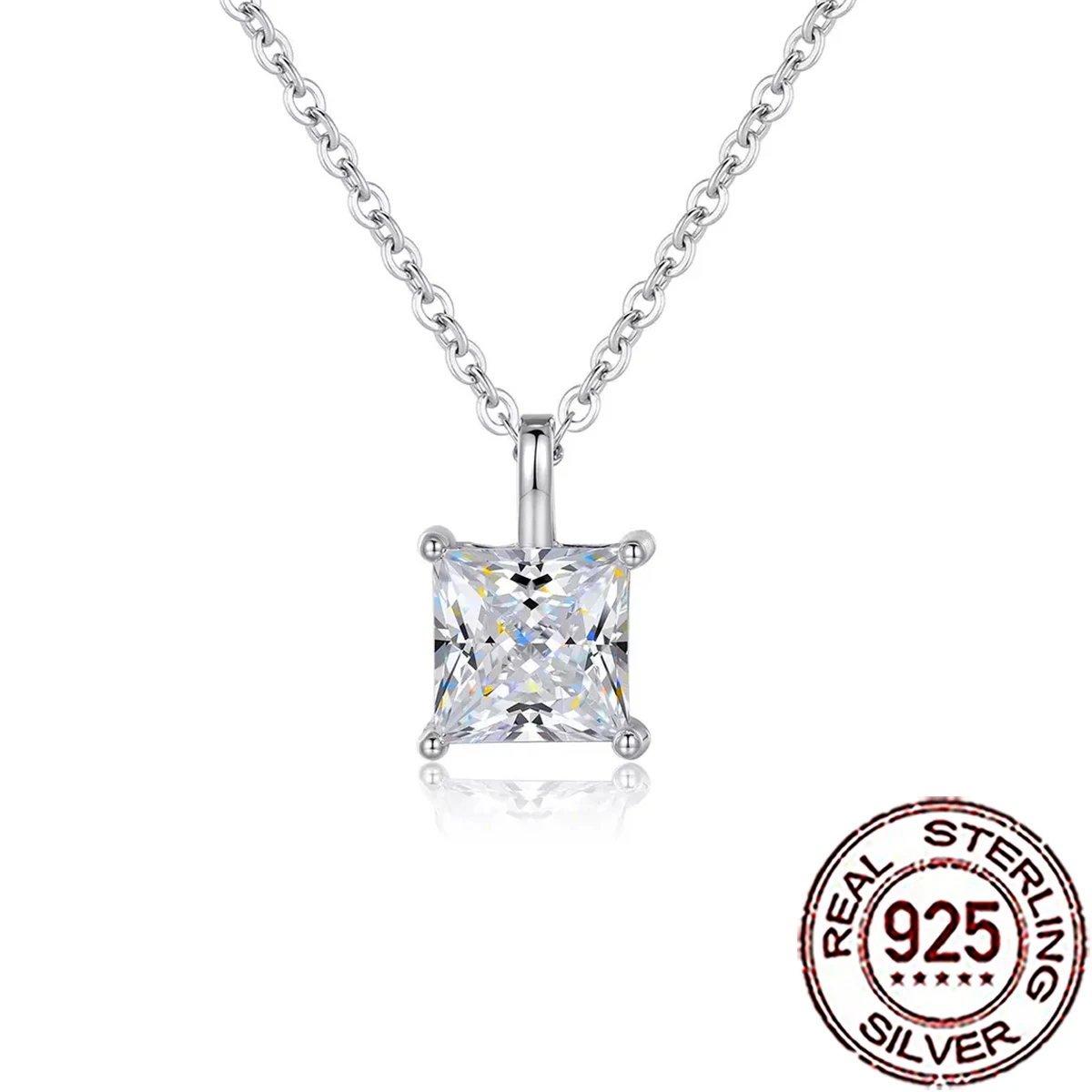 CWWZircons Halskette mit quadratischem Anhänger aus 925er-Sterlingsilber, klassischer kubischer Zirkon, Kette für Damen, feiner Jahrestag, Schmuck, Geschenke, SD069 Image