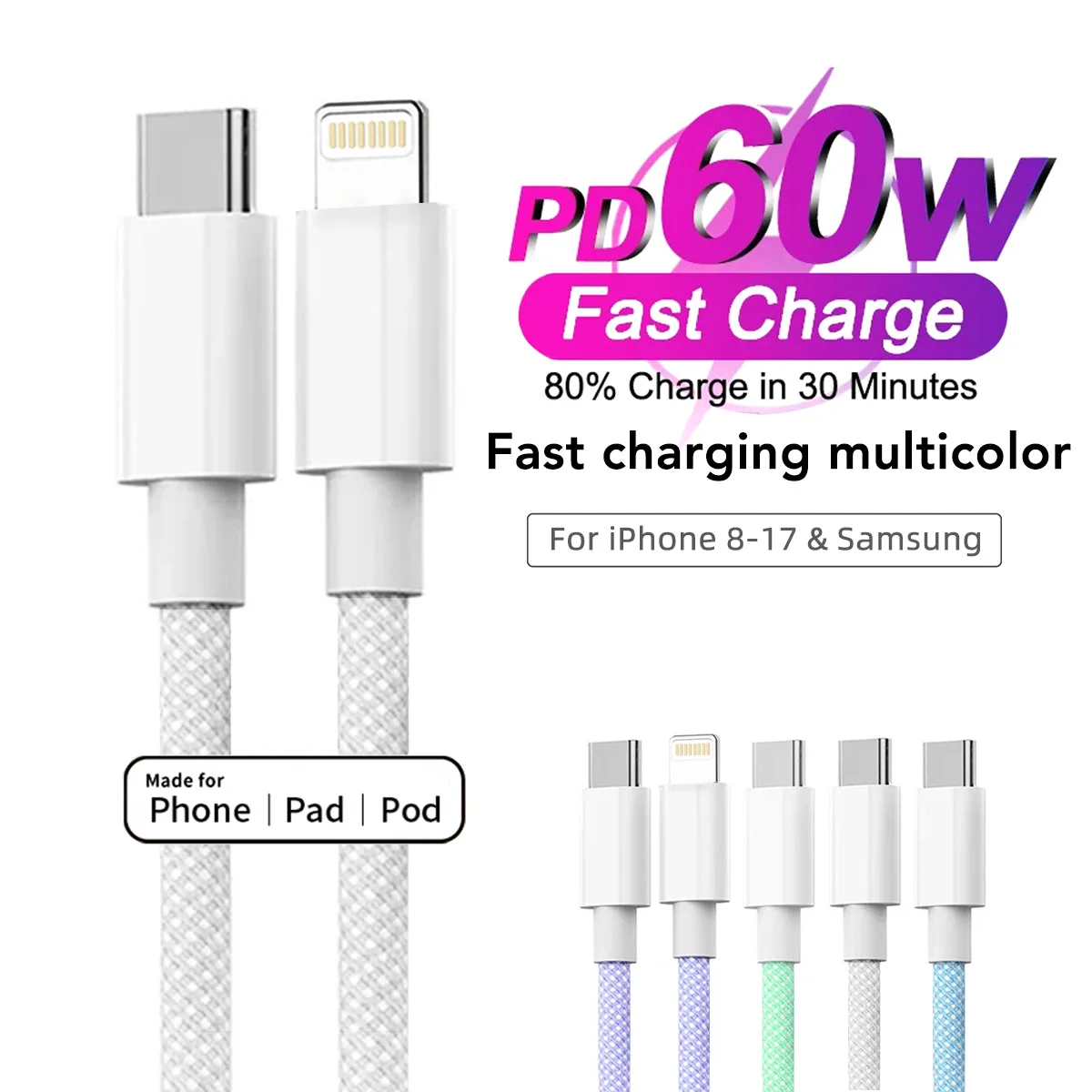 60W Schnellladekabel aus Nylon, geflochten, USB-C auf Typ-C, farbig, PD, für iPhone 13 14 Pro Max 11 12 XR XS Max Plus Samsung, Datensynchronisation Image