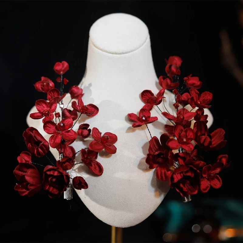 Neue burgunderrote Blume Perlen Staubblatt Haarnadel Braut Hochzeit Cheongsam Disc Haarschmuck Image