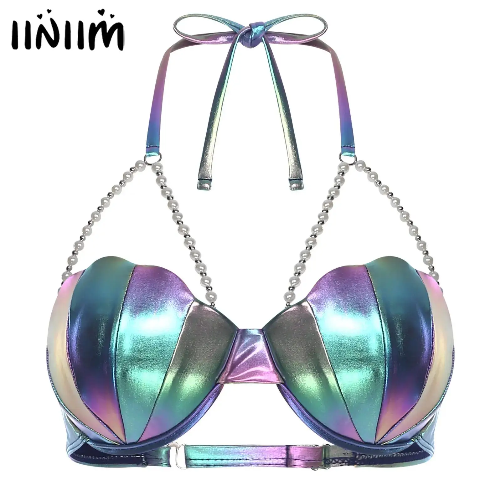 Damen-Bikinioberteil mit Neckholder und Perlenketten-Detail, glitzernde Sheel-Form, leicht gepolsterte Meerjungfrau-Bademode, Strand-Pool-Badeanzug Image