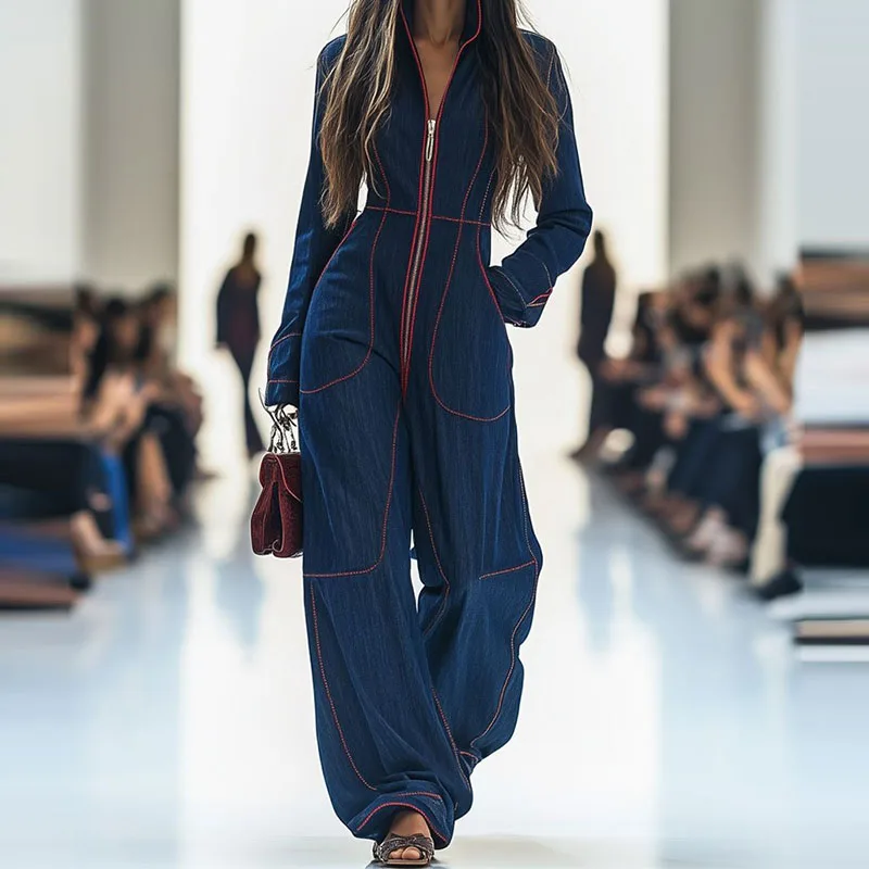 Dame Sexy V-ausschnitt Langarm Cargo Overall Casaul Tasche Straße Solide Lange Strampler Elegante Zipper Taille Schlank Cowboy Party Strampler Image