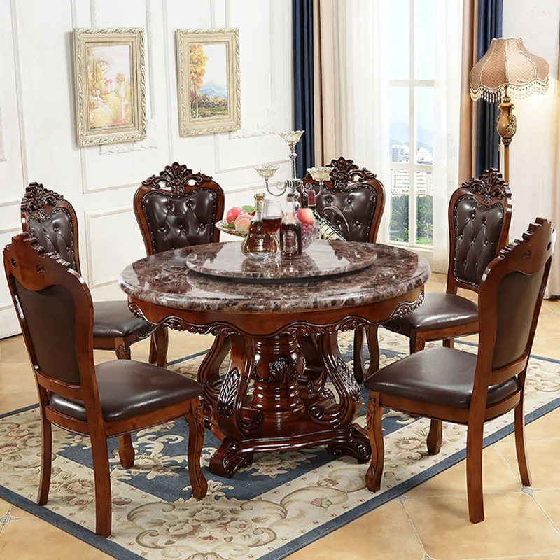 Europäische Esstisch- und Stuhlkombination für 10 Personen, runder Esstisch aus Marmor und Massivholz, amerikanischer Retro-Esstisch für den Haushalt