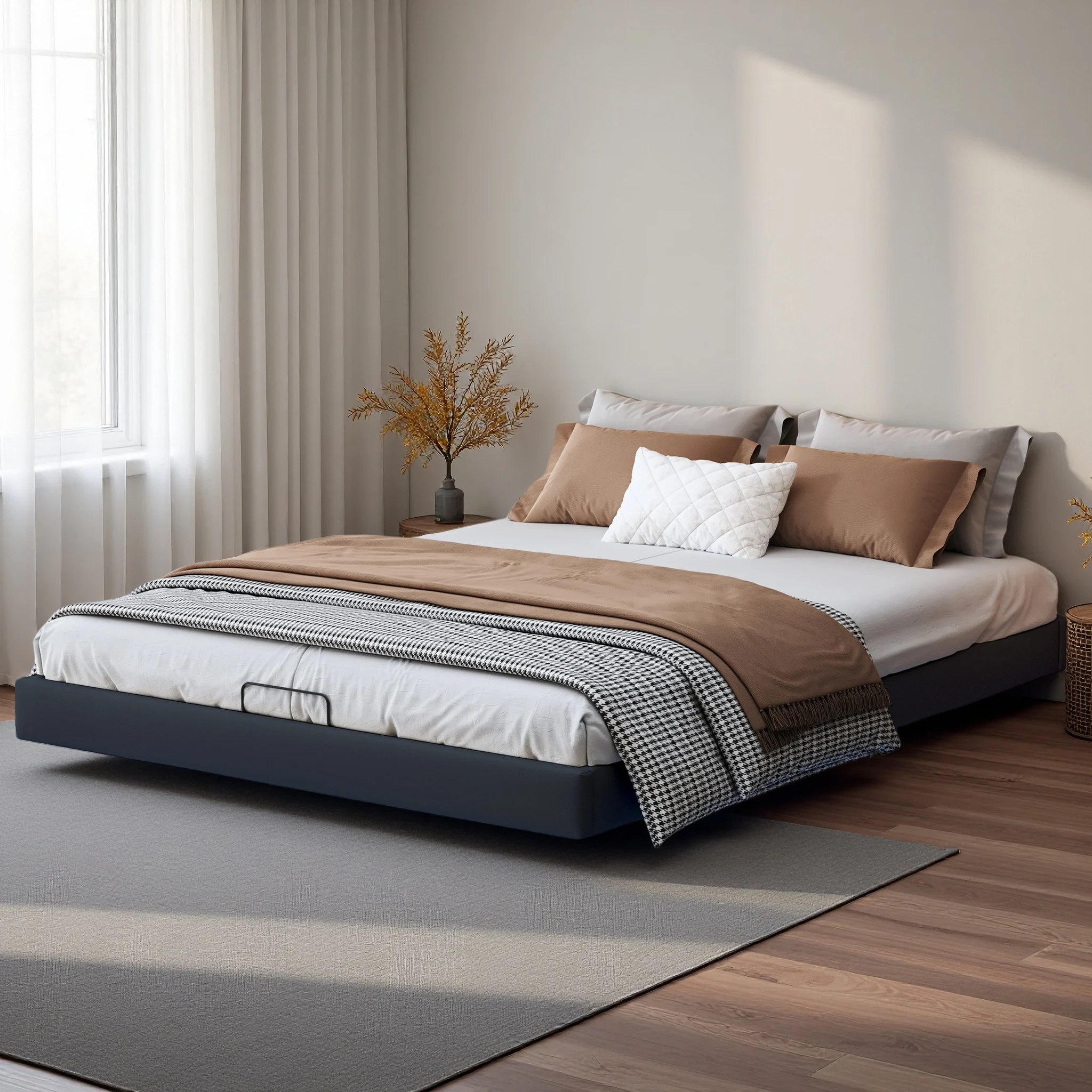 Hängendes Bettgestell, 160 x 200 cm, mit LED-Beleuchtung und hydraulischem Stauraum, staubdichtes Design, PU-Material, Jugendbett