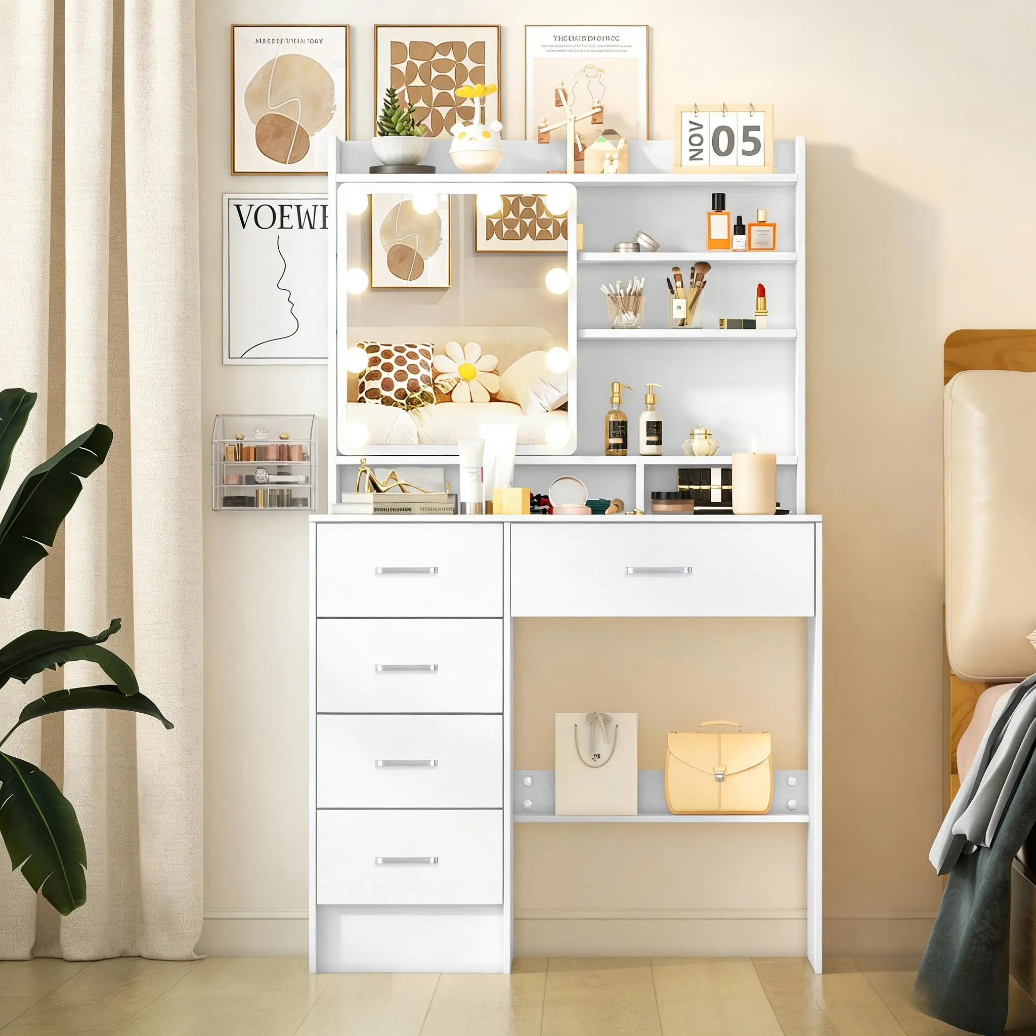 Teousev Weißes modernes Schminkset mit LED-Lampen, beleuchteter Schiebespiegel, 5 Schubladen, 3 Farben, dimmbar, stabiler Rahmen, Schlafzimmer-Make-up-Schreibtisch Image