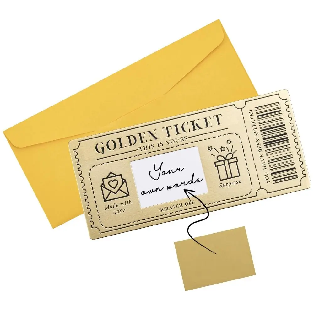 1 x goldene Ticket-Rubbelkarte mit Umschlag, Überraschungsticket zum Schreiben Ihres eigenen Sonderangebote für Frauen und Männer Image