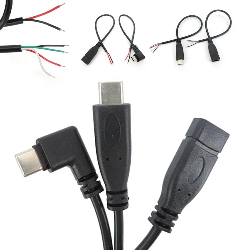 0,25 m Draht 2 4-Pin-Kern USB 2.0 Typ C männlich weiblich Kabel rechtwinklig Stecker Verlängerung Stecker DIY Reparatur Daten Aufladen 25 cm Image