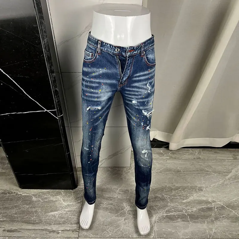 Straße Designer Mode Männer Jeans Hohe Qualität Vintage Blau Stretch Schlank Gemalt Zerrissene Jeans Männer Stickerei Marke Denim Hosen