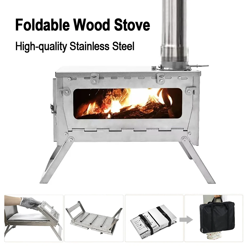 Faltbarer Holzofen aus 430-Edelstahl, tragbare Camping-Zeltheizung mit Tragetasche für die Kochen im Freien Image