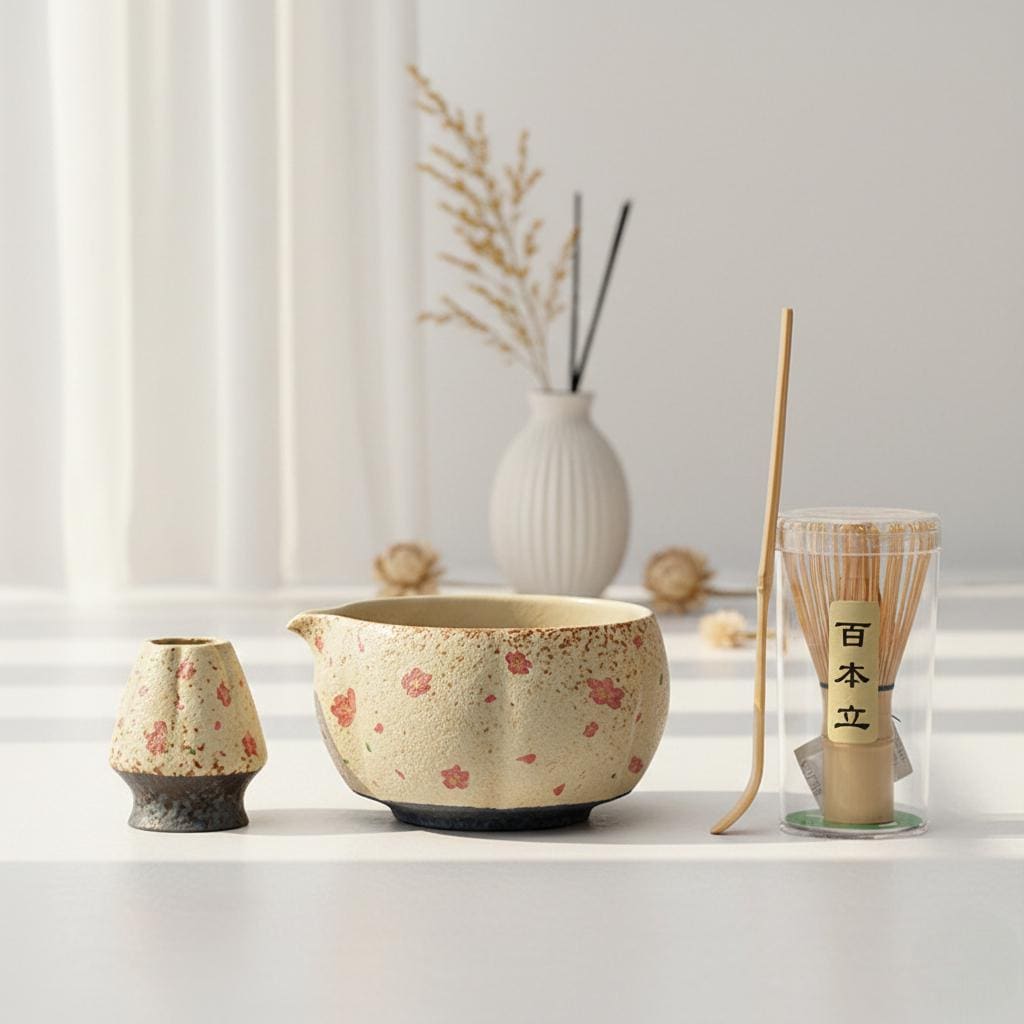 Set di ciotole in ceramica Sakura per Matcha fatte a mano con set di fruste per Matcha, set in ceramica per Matcha fatto a mano, set da tè Matcha, reg