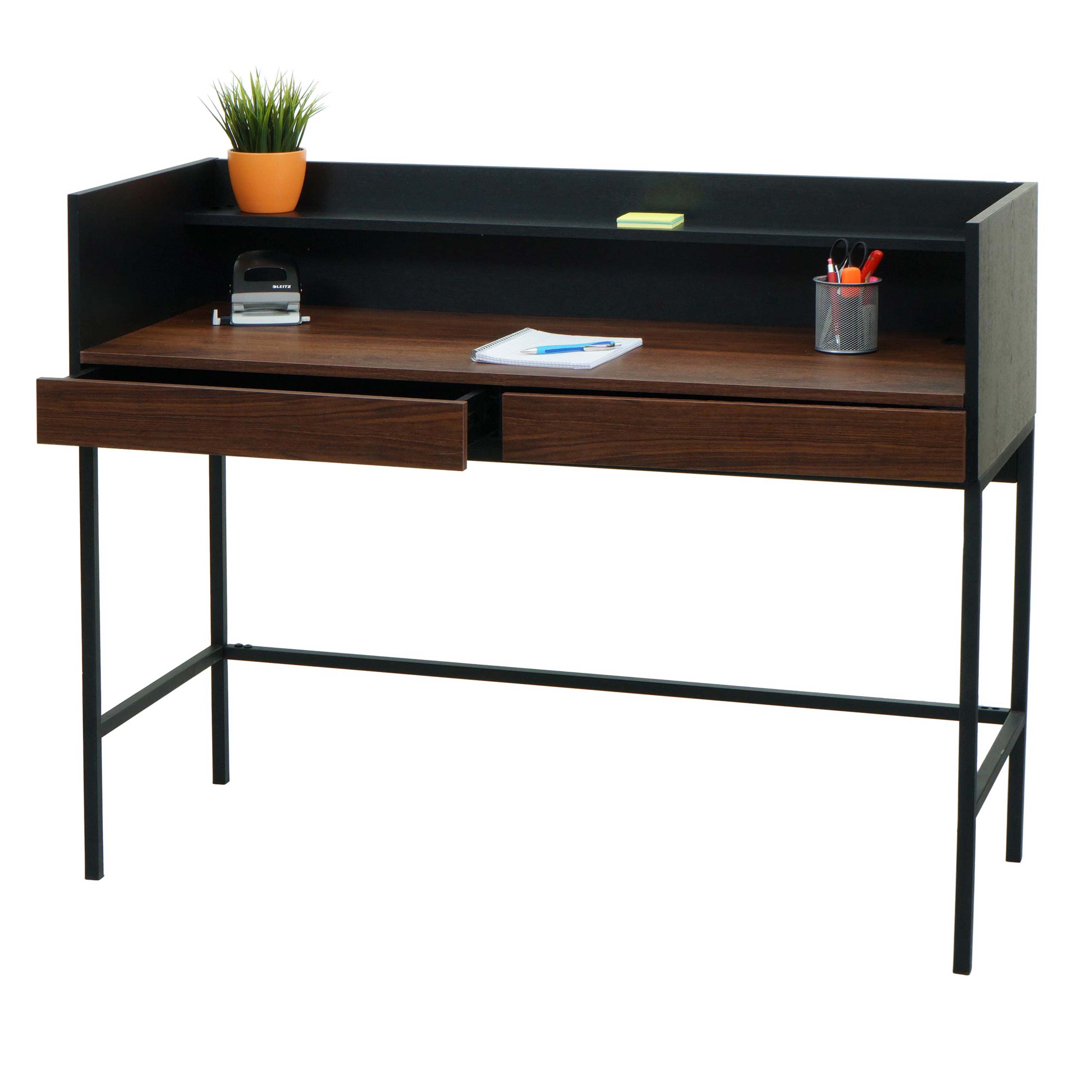 Schreibtisch HWC-J79, Bürotisch Computertisch Arbeitstisch, Schublade 120x50cm Holz Metall ~ Walnuss-Optik