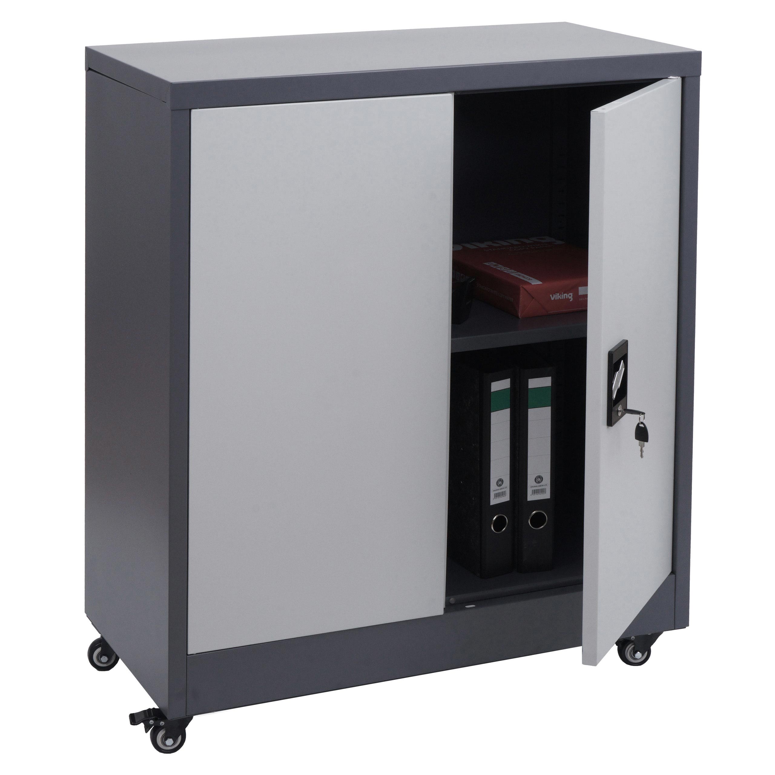 Aktenschrank HWC-O50, Büroschrank Stahlschrank mit Rollen, 2 Türen abschließbar, Stahl 98x80x40cm ~ dunkelgrau hellgrau
