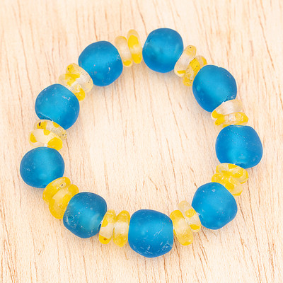 Festive Nkunim,'Recycled Glass Beaded Stretch Bracelet in Blue and Yellow'