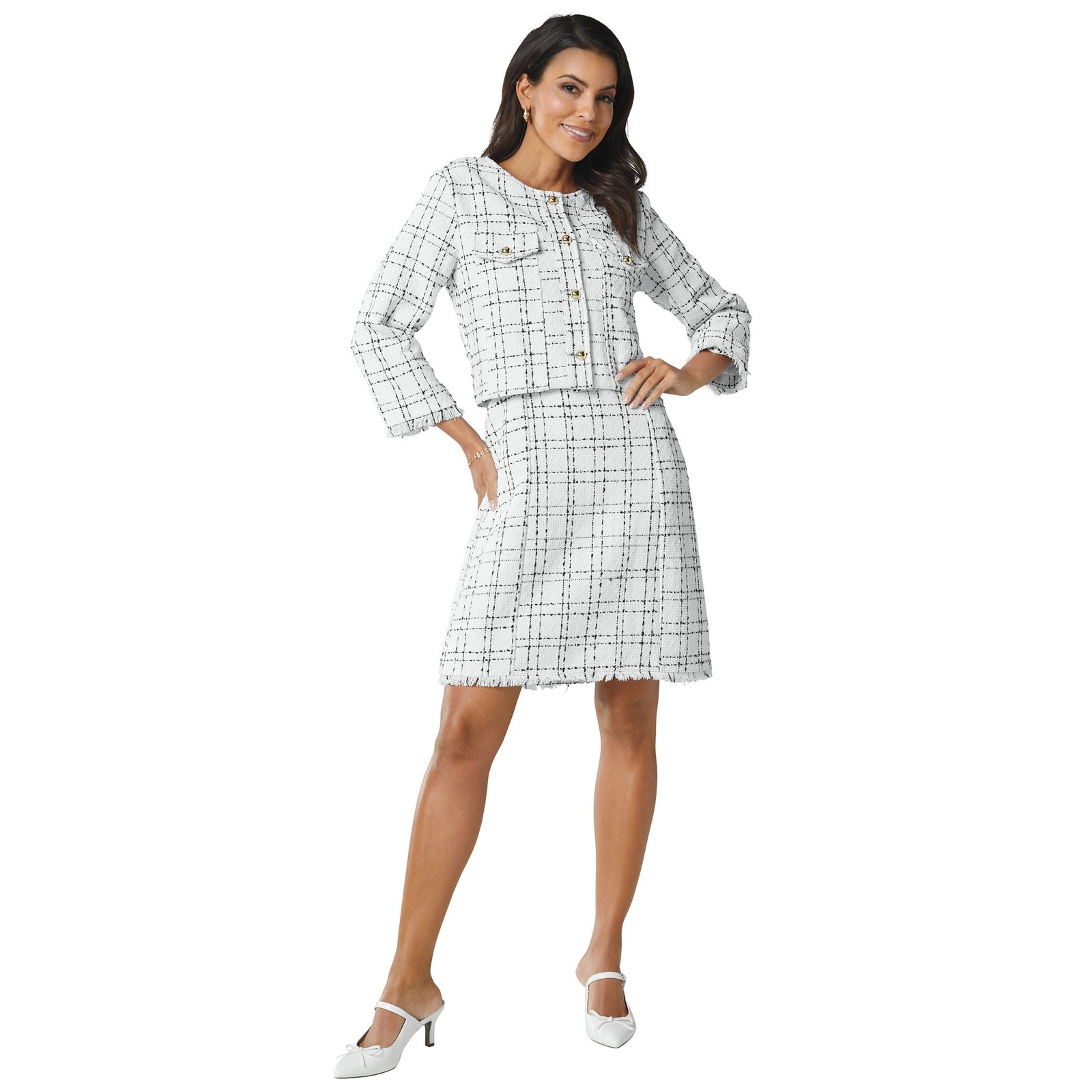 Masseys Classic Tweed Dress Set (Size 28W) Black-White/Plaid, Polyester