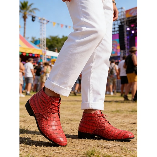 Rote Herrenstiefel mit Krokodilmuster, stylisches Kunstleder, Schnürdesign, bequeme Passform, trendige Festivalschuhe für Musikliebhaber – perfekt für Musikfestivals, Konzerte und Open-Air-Veranstaltungen Image