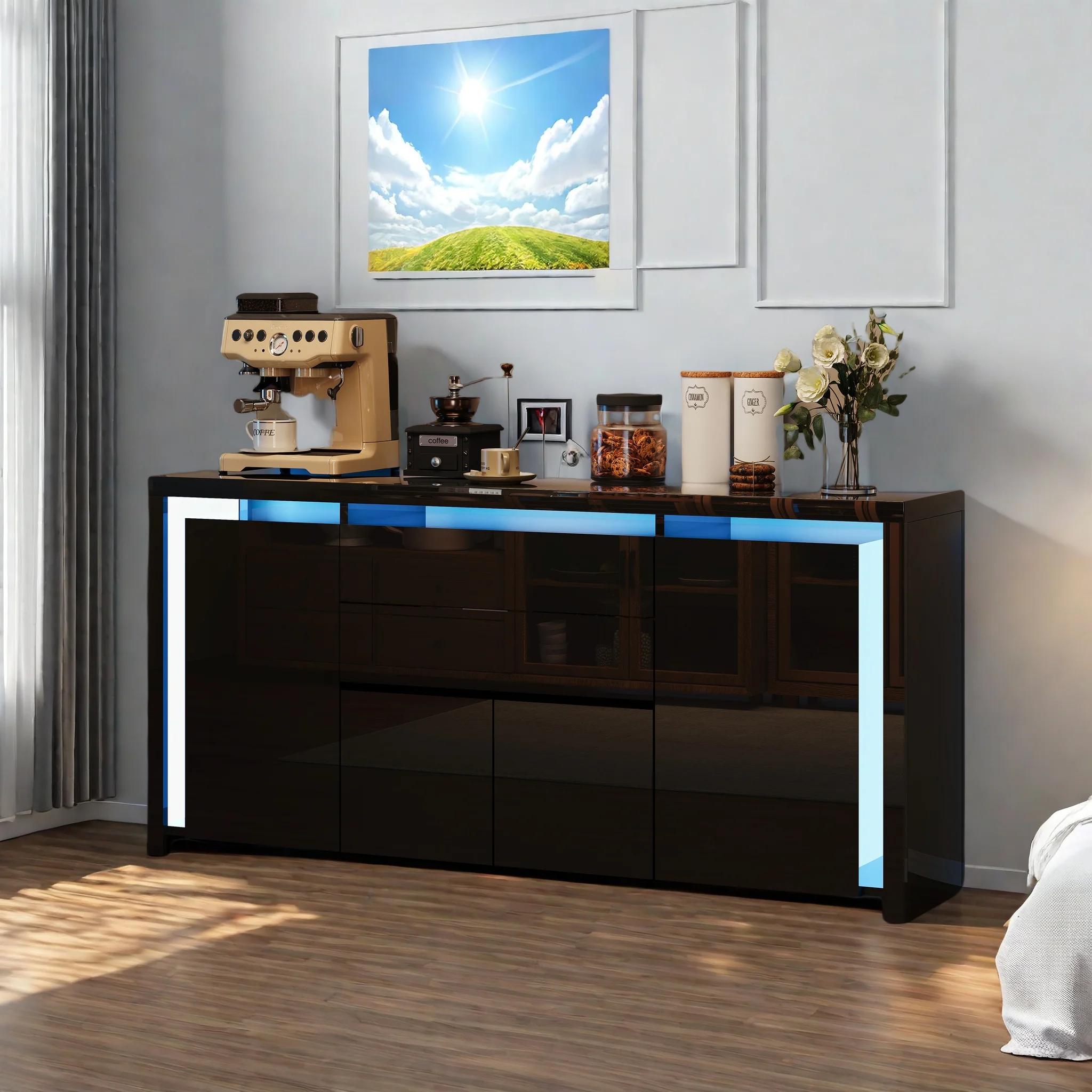 Buffet, meuble TV, avec éclairage LED, 4 portes, 2 tiroirs, table d'appoint, meuble de rangement, meuble a tiroir, noir