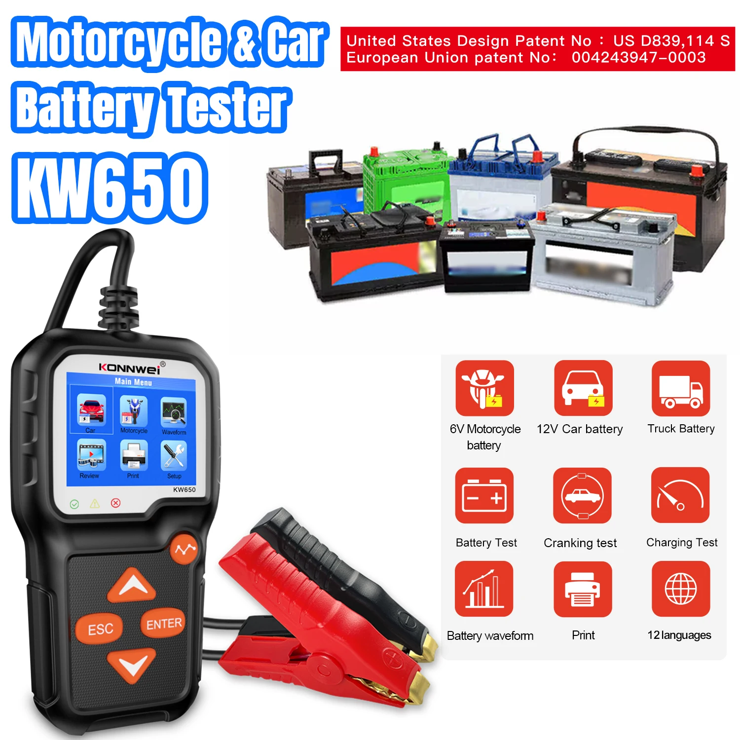 2026 KONNWEI KW650 Testeur Professionnel de Batterie de Voiture 6V 12V Analyseur pour Voiture et Moto 100 à 2000 CCA Outil de Test de Démarrage et de Charge pour Voiture et Moto