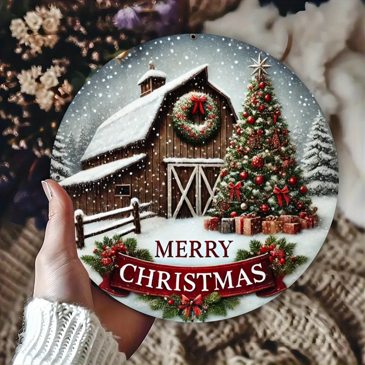 Frohe Weihnachten 20,3 x 20,3 cm großes Eisenschild – runde Aluminiumdekoration für Cafés, Schlafzimmer, Küchen, Restaurants, Bars Image