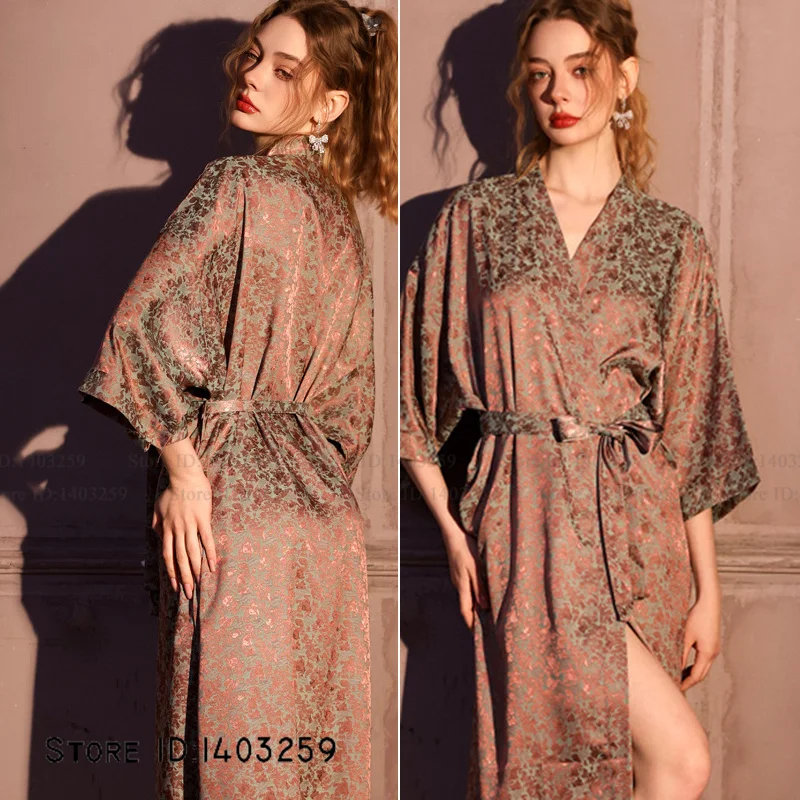Jacquard Damen-Bademantel Homewear Sexy Langer Kimono Bademantel Sommer Neu Dessous Nachthemd Locker Sitzende Eisseide Schlafanzug Loungewear Image