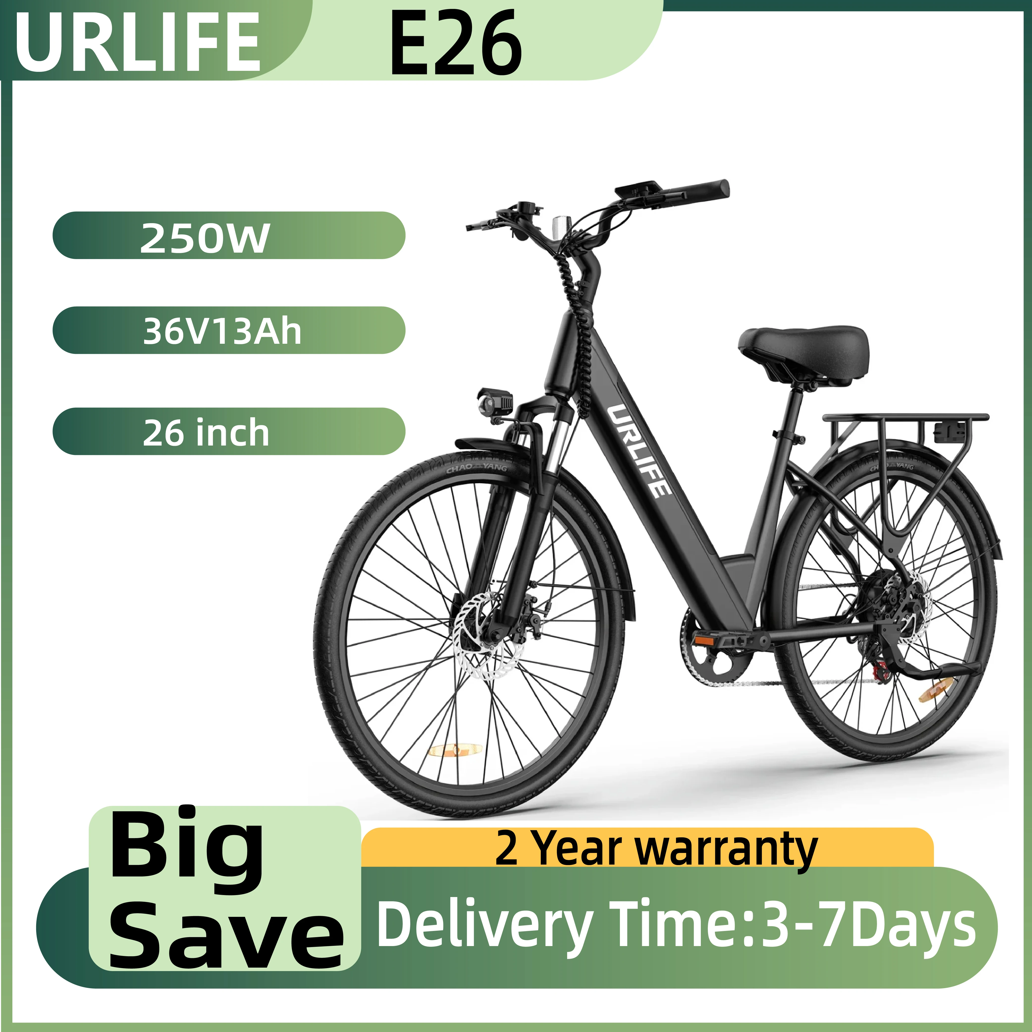 URLIFE E26 Geeignet für den Stadtverkehr Elektrofahrrad 250W Motor Aluminiumlegierung Rahmenmaterial 48V 10.4AH 26 Zoll Reifen Image